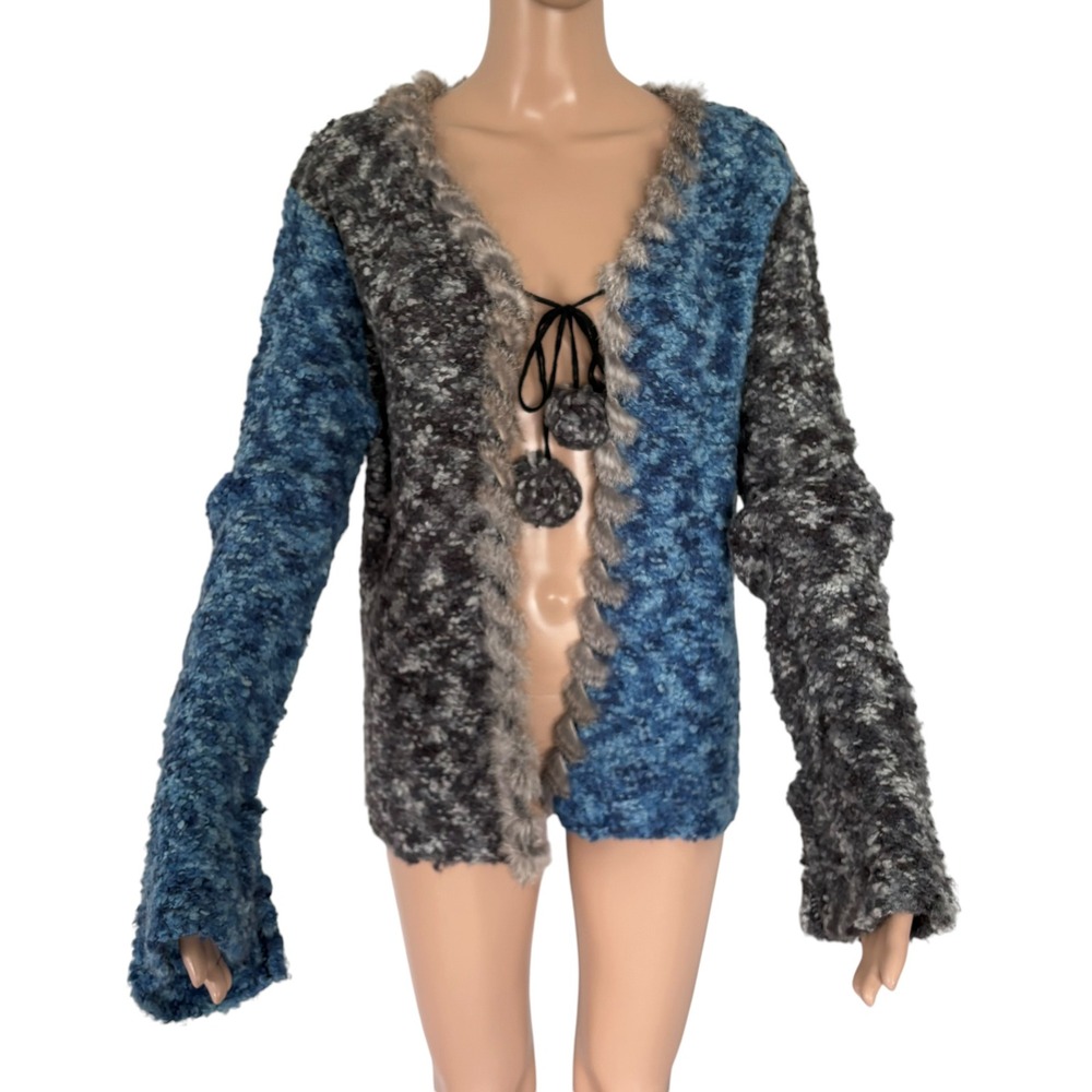 Y2K Penny Lane Boho Wool Blend Rabbit Fur Trim Cardigan Sweater L Italy Mob Wife